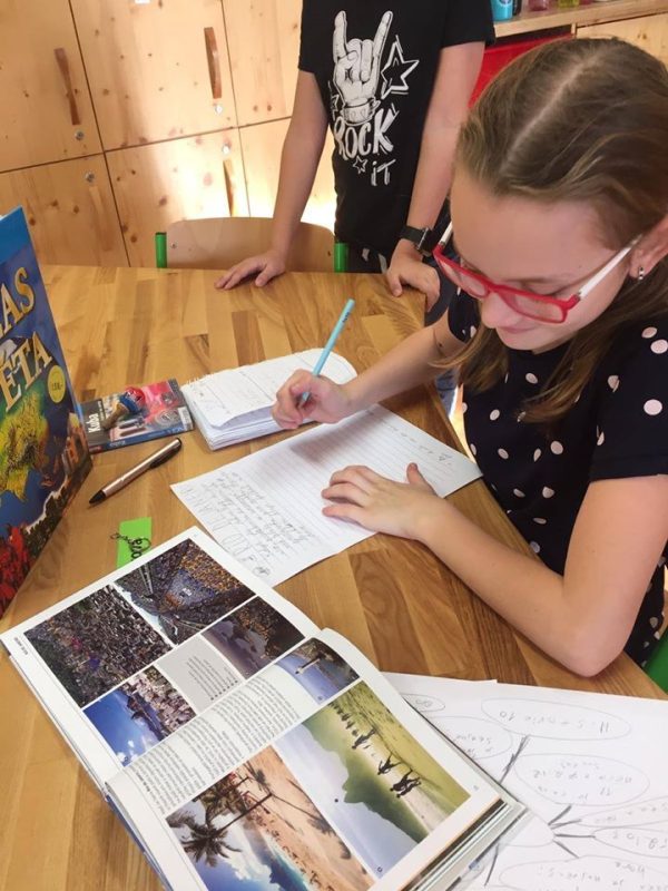 Žákyně Elementary II pracuje s atlasem